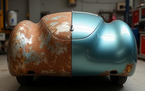 Parafango di auto d'epoca danneggiato e poi restaurato perfettamente, prima e dopo