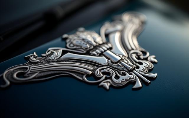 Dettaglio estetico in metallo personalizzato su un'auto di lusso, filigrana raffinata.