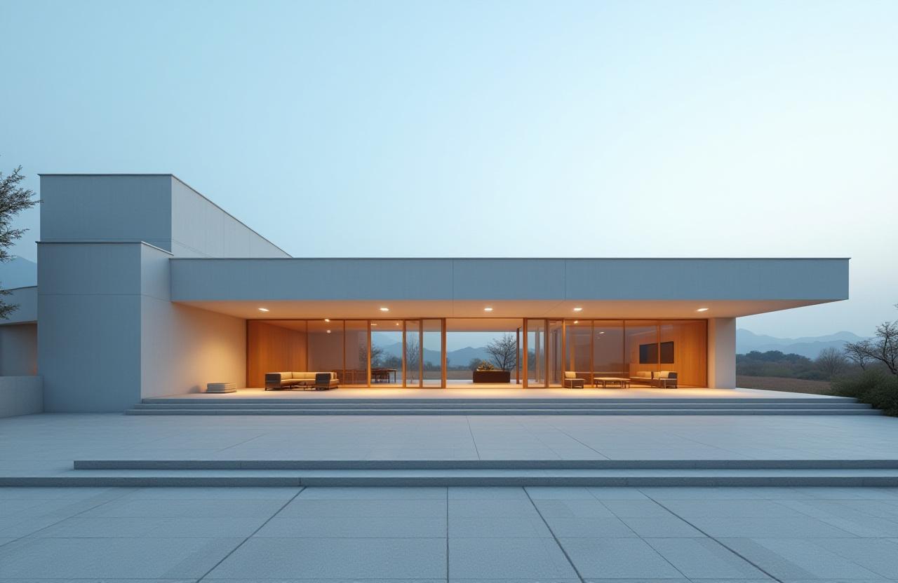 A minimalist modern Japanese building with strong lines and a play of light and shadow.